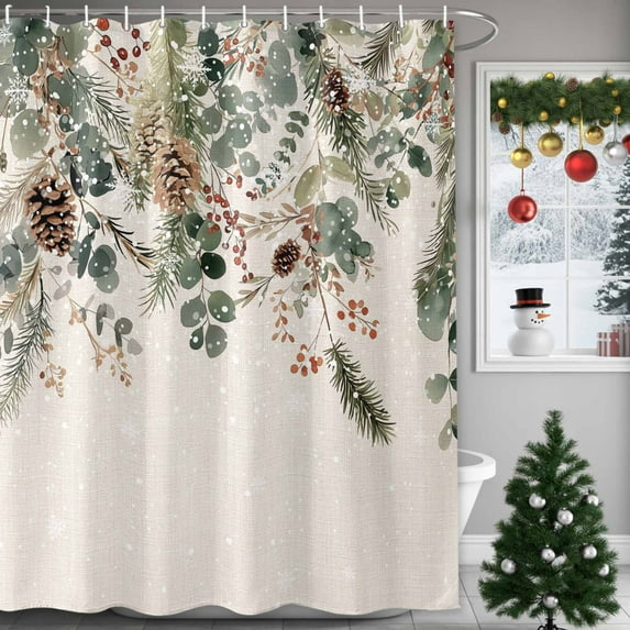 Christmas Winter Shower Curtains for Bathroom, Pine Tree Berry Eucalyptus Retro Linen Waterproof Fabric Shower Curtain for Bathroom Bathtub Decoration, Machine Washable, 60"x72"
