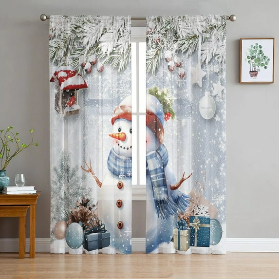 Christmas Winter Snow Scene Snowman Tulle Curtain for Living Room Bedroom Christmas Decoration Window Voiles Tulle Curtain