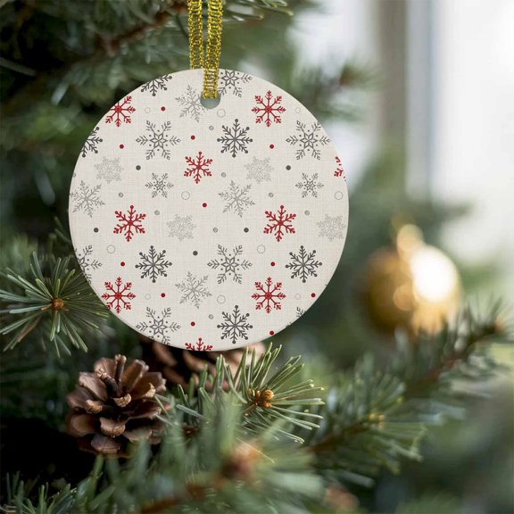 Christmas Winter Snowflake Christmas Ceramic Ornament 2026,3" Round Xmas Tree Hanging Accessories with Gold Ribbon,Red Snowflakes on Linen Pendant Ornaments for Holiday Gift Home Party Decor