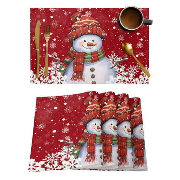Christmas Winter Snowflake Snowman Red Kitchen Dining Table Decor Accessories 4/6pcs Placemat Heat Resistant Tableware Pads Mats