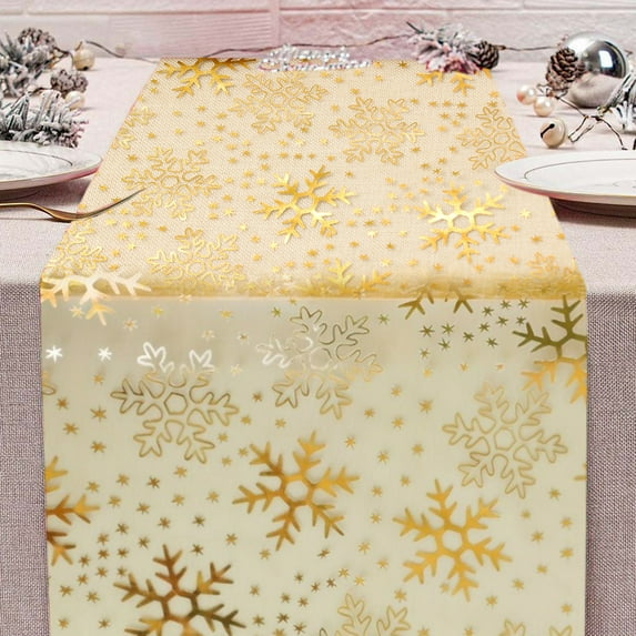 Wooowa Christmas Winter Snowflake Table Runner 108.26x 11.02 Inches Luxurious Gold Red Snowflakes Table Runners Cloth Placemats Washable Fabric for Kitchen Dining Party Home Decor