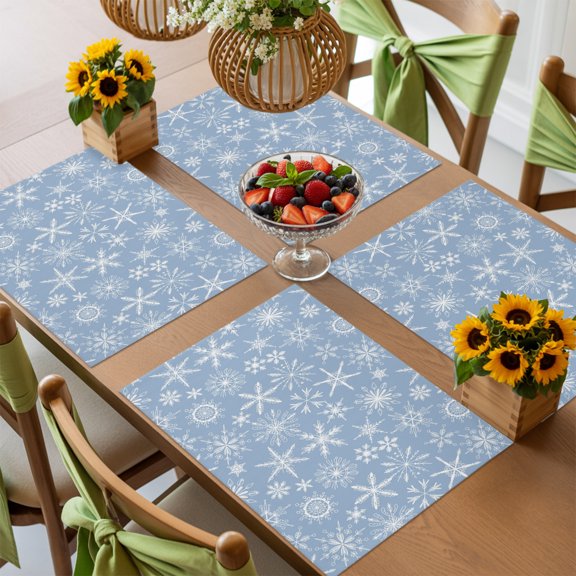 Christmas Winter Snowflakes on Blue Placemats Set of 4,Wipeable Washable Table Mats for Dining Tables, White Falling Snow Place Mats for Kitchen Event Party Tabletop Decor