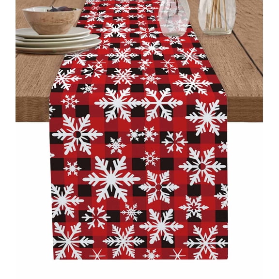 Christmas Winter Snowflakes Red Black Buffalo Plaid Burlap Cotton Table Runner 13x60 Inches Long, Farmhouse Table Runners, Outdoor Dining Tablecloths Decor for Baby Shower/Party/Wedding