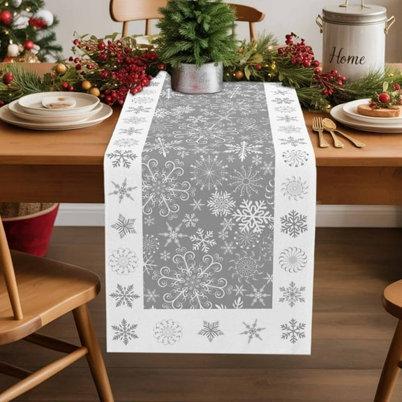 Christmas Winter Snowflakes Seamless Table Runner 13x36in Non-Slip Cotton Linen Table Runners, Retro Floral Pattern on Gray Dresser Scarves TableRunner for Dinner Kitchen Dining Wedding Party