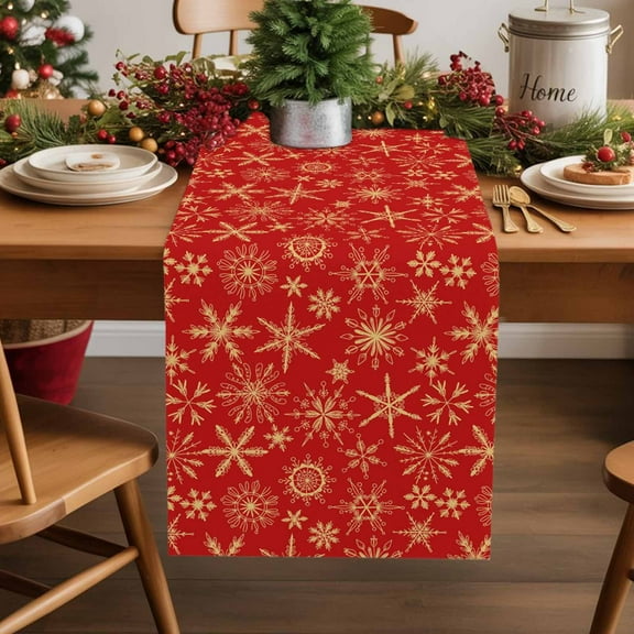 Christmas Winter Snowflakes Table Runner 13x36in Non-Slip Cotton Linen Table Runners, Red and Gold Dresser Scarves TableRunner for Dinner Kitchen Dining Wedding Party