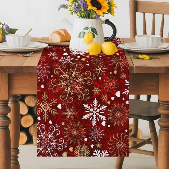 Christmas Winter Snowflakes Table Runner 36 Inches Long, Red Gold Geometric Art Table Runners Tabletop Scarf Kitchen Dining Tables Decoration for Home Party Indoor Outdoor