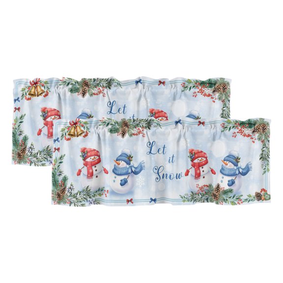 Christmas Winter Snowman 2 Panels Kitchen Valance, Xmas Tree Bell Pine Cone Berry Snow Curtains Valances for Small Windows Rod Pocket Window Treatments for Living Room Bedroom 54" W x 18" L