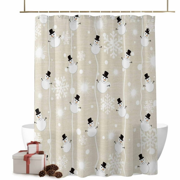 Christmas Winter Snowman Bathroom Shower Curtain Snowflakes Beige Striped Linen Waterproof Washable Shower Curtains for Bathtub Bath Decor with Grommets and Hook 36 X 72 Inch