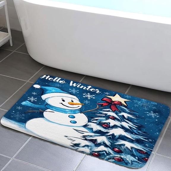 Christmas Winter Snowman Blue Bath Rugs for Bathroom, Cute Snowflake Christmas Tree Funny Bathroom Rug Bath Mat Set Floor Mats, Xmas Vintage Doormat 17X29in