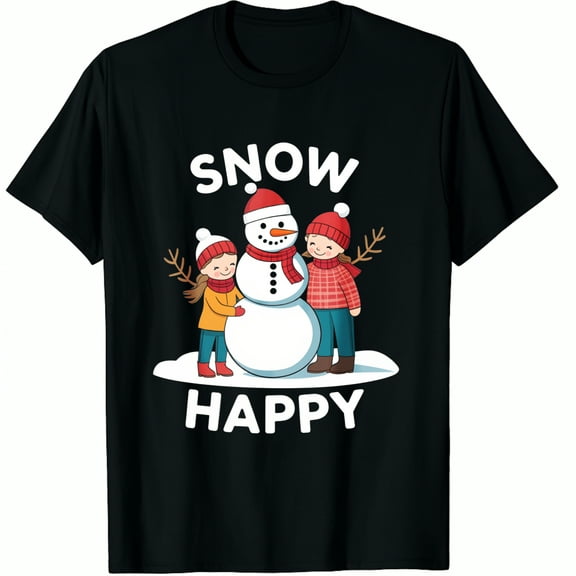 Christmas Winter Snowman Cotton Happy Snow Print Black Graphic T-Shirt for Men and Women