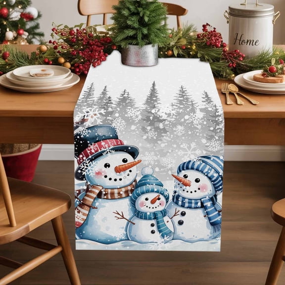 Christmas Winter Snowman Families Table Runner 13x90in Non-Slip Cotton Linen Table Runners, Snowy Forest Dresser Scarves TableRunner for Dinner Kitchen Dining Wedding Party