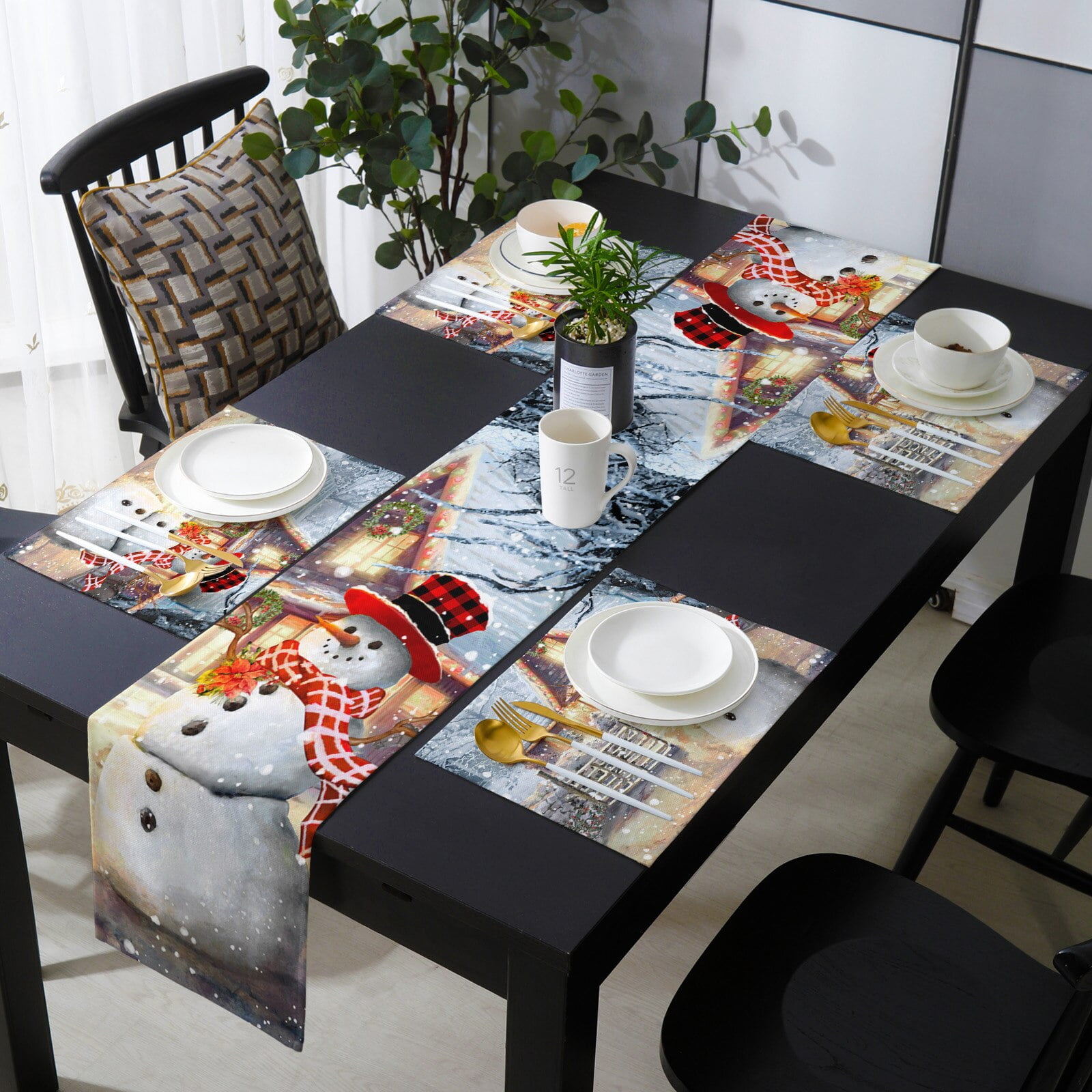 Christmas Winter Snowman Forest Table Runner Set for 4/6 Person Dining