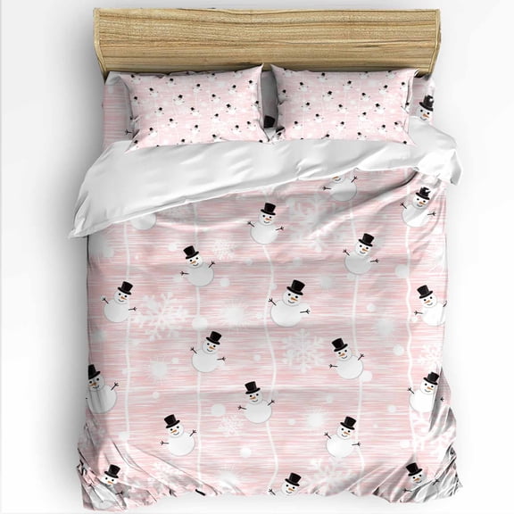 Christmas Winter Snowman Full Size Comforter Set, Xmas Snowflakes Pink Patches Soft Bedding for All Seasons, 4 Pcs Bed Set with 1Comforter (86"x86") ,1 Sheet(80"x116"), 2 Pillowcases (19"x29")
