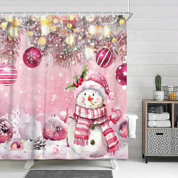Christmas Winter Snowman Pink Ball Shower Curtain Snowflake Pine Tree Twig Bathroom Curtain for Holiday Decorations Waterproof Polyester Gifts for Home Bathroom Decor Curtain with Hooks 36X72in