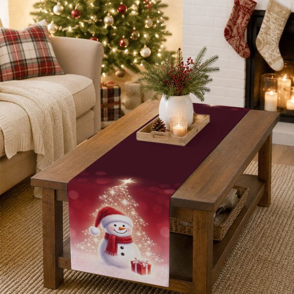 Christmas Winter Snowman Present Table Runner 13x36in Non-Slip Cotton Linen Table Runners, Shining Xmas Tree Dark Red Dresser Scarves TableRunner for Dinner Kitchen Dining Wedding Party