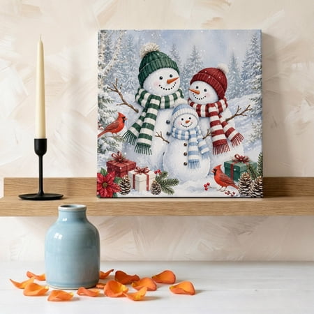 Christmas Winter Snowman Red Bird Canvas Wall Art, Framed Wall Art Waterproof Canvas Prints Paintings 8"x8", Poinsettia Flower Forest Oil Painting for Bedroom Living Room Bathroom Home Decor