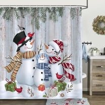 Christmas Winter Snowman Shower Curtain Pine Branches on Wood Board Farmhouse Decorative Bath Curtain 72 x 72 Inch Polyester Fabric Waterproof Bathroom Curtain with 12 Hooks