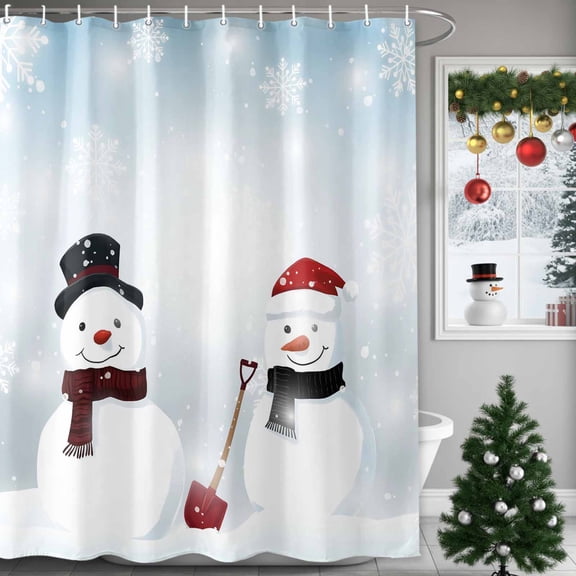 Christmas Winter Snowman Shower Curtains for Bathroom, Snowflake Shovel Snow Xmas Gradient Blue Waterproof Fabric Shower Curtain for Bathroom Bathtub Decoration, Machine Washable, 36"x72"