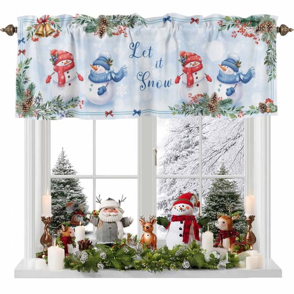 Christmas Winter Snowman Valances for Windows, 42 x 18in, Xmas Tree Bell Pine Cone Berry Snow Rod Pocket Kitchen Valance Curtain Light Filtering Window Treatments for Living Room Bedroom, 1 Panel