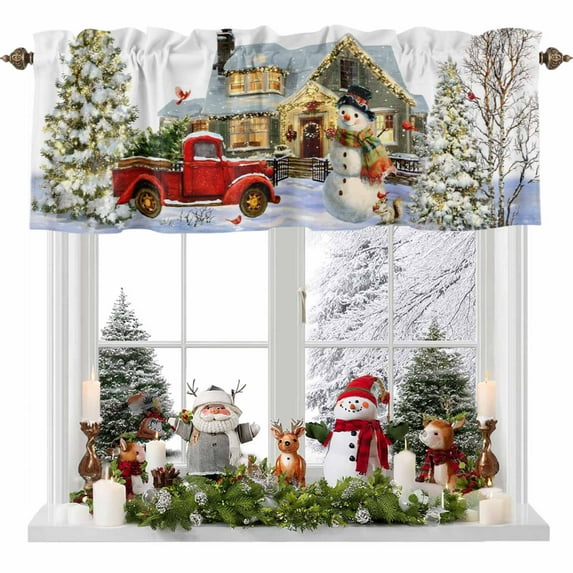 Christmas Winter Snowman Valances for Windows, 54 x 18in, Red Truck House Xmas Tree Rod Pocket Kitchen Valance Curtain Light Filtering Window Treatments for Living Room Bedroom, 1 Panel