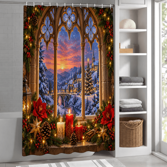 Christmas Winter Sunset Scene Shower Curtain 72 X 72 Inch