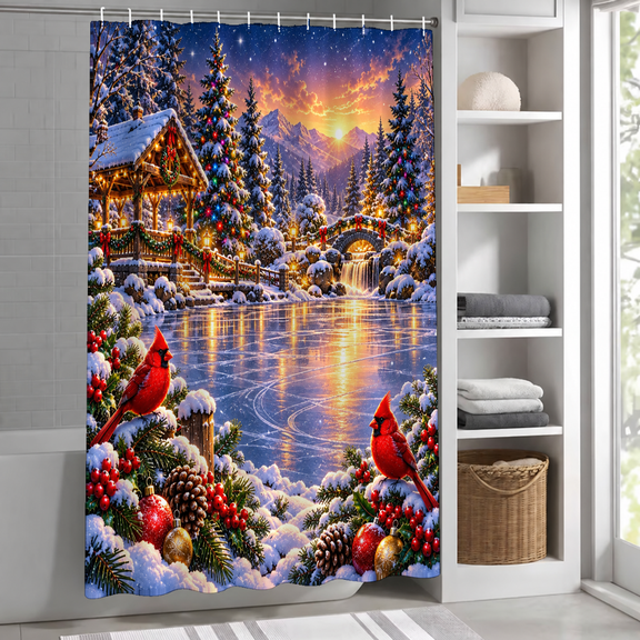 Christmas Winter Sunset Scene Shower Curtain 72 X 72 Inch