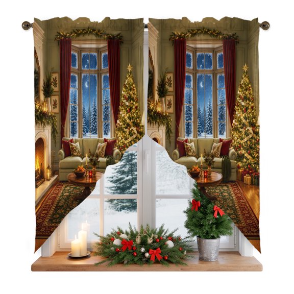 Christmas Winter Swag Curtain Valances for Kitchen, Rustic Bright Bay Window Sofa Christmas Tree Rod Pocket Curtains Window Treatment Swag Valance for Bedroom Bathroom, 2 Panels 28 x 36 Inch