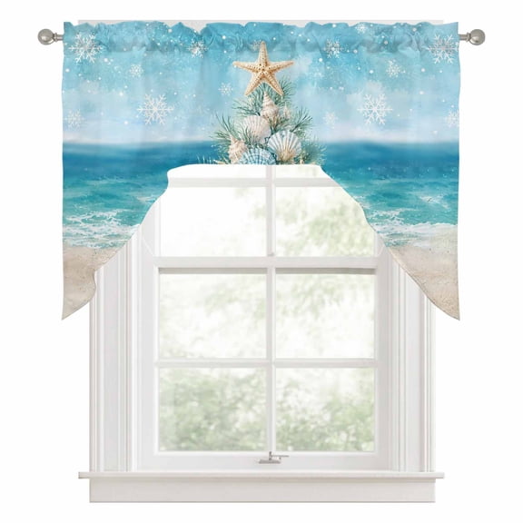 Christmas Winter Swag Valance for Windows, Coastal Beach Blue Sea Shell Christmas Tree Swag Curtains Valances for Small Window Treatment Rod Pocket for Kitchen Bathroom 1 Panel 56x36in