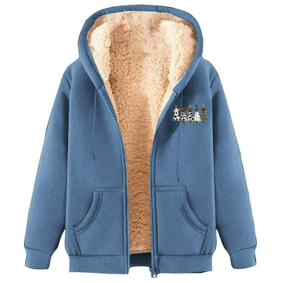 Christmas Winter Sweatshirt for Women Sherpa Lined Warm Long Sleeve Zip Up Fleece Jacket Hoodie Outerwear (L, Blue)