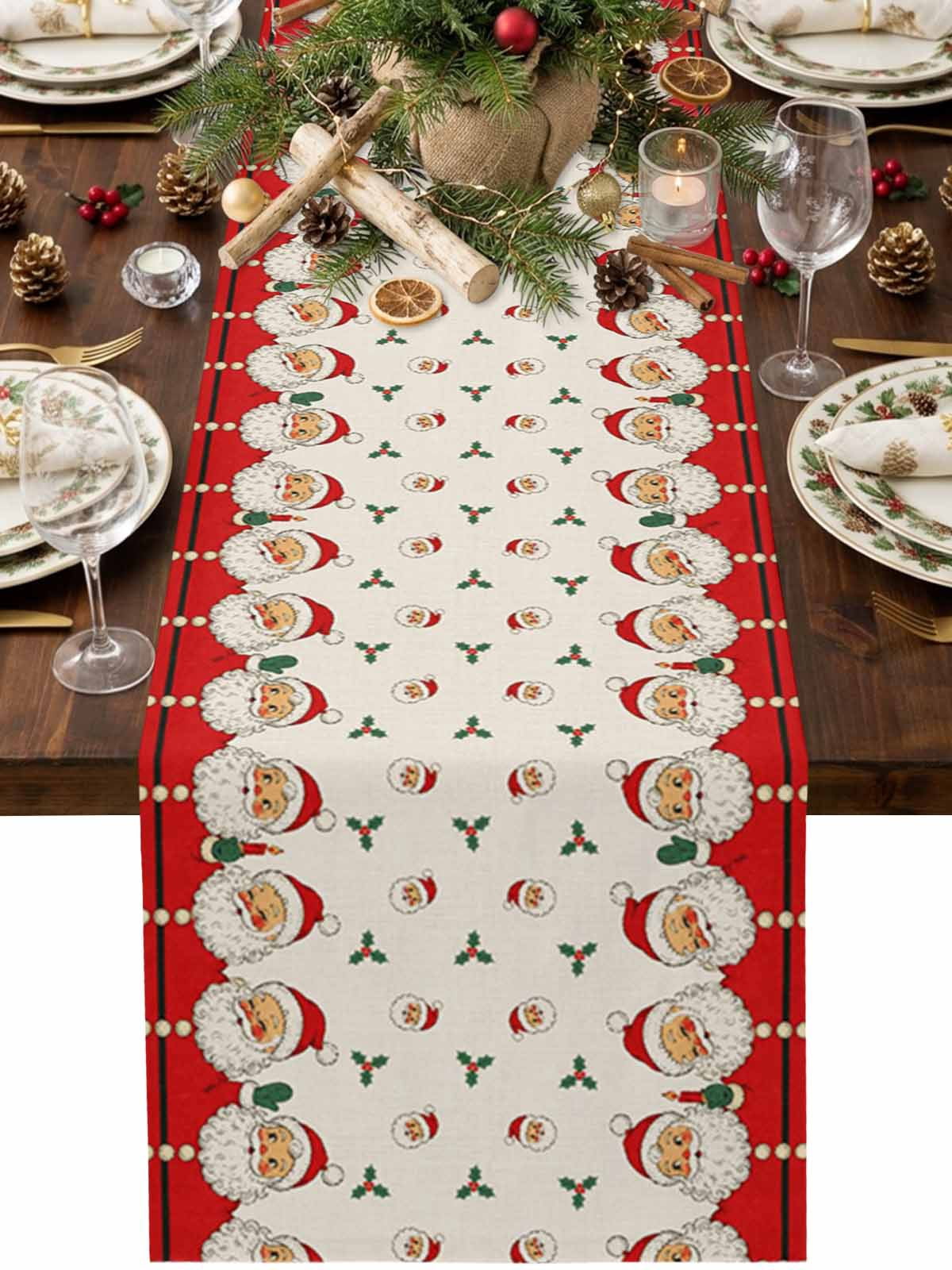 Christmas Winter Table Runner 13 x 60 Inch, Rustic Santa Heads Holly ...