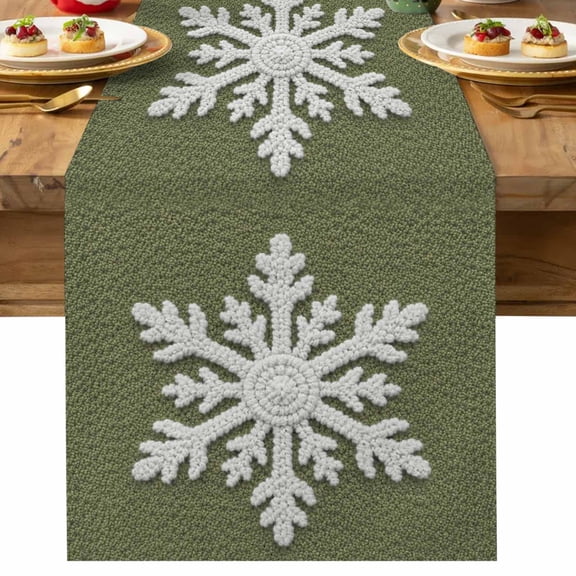 Christmas Winter Table Runner 13x36 Inch Green Crochet Snowflake Knitted Wool Texture Cotton Linen Dining Table Runner Ideal for Dresser Kitchen Coffee Tables - Machine Washable