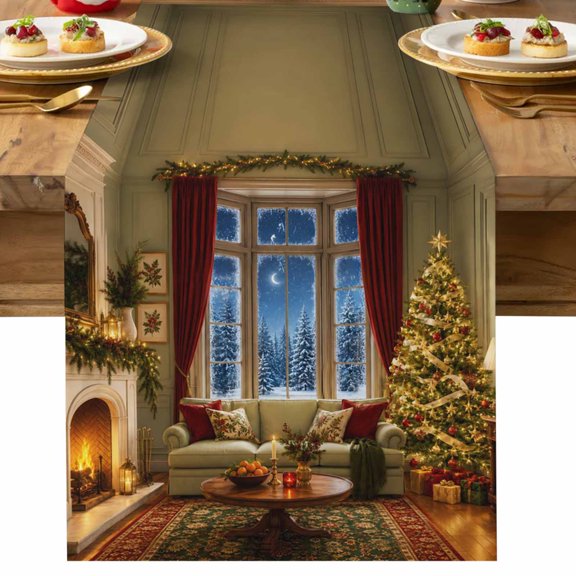 Christmas Winter Table Runner 13x36 Inch Rustic Bright Bay Window Sofa Christmas Tree Cotton Linen Dining Table Runner Ideal for Dresser Kitchen Coffee Tables - Machine Washable