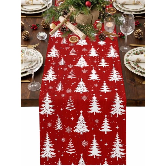 Christmas Winter Table Runner 36 Inches Long, Minimalist Silhouette Christmas Pine Trees Red Cotton Linen Dining Table Runner Dresser Scarves for Home Kitchen Party Decor 13"x36"