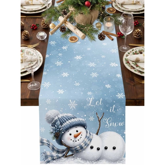 Christmas Winter Table Runner 36 Inches Long, Rustic Blue Knit Scarf Snowman Snowflake Cotton Linen Dining Table Runner Dresser Scarves for Home Kitchen Party Decor 13"x36"