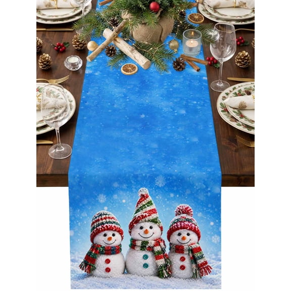 Christmas Winter Table Runner 36 Inches Long, Rustic Red Green Knit Beanies Scarves Snowman Cotton Linen Dining Table Runner Dresser Scarves for Home Kitchen Party Decor 13"x36"