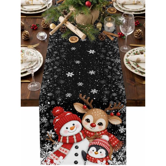 Christmas Winter Table Runner 36 Inches Long, Rustic Reindeer Penguin Trio Snowflake Black Cotton Linen Dining Table Runner Dresser Scarves for Home Kitchen Party Decor 13"x36"