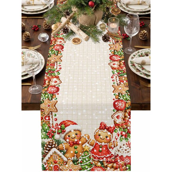 Christmas Winter Table Runner 48 Inches Long, Boy Girl Couple Present Gingham Cotton Linen Dining Table Runner Dresser Scarves for Home Kitchen Party Decor 13"x48"