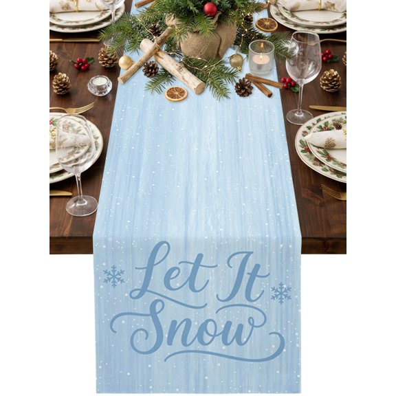 Christmas Winter Table Runner 48 Inches Long, Modern Blue Cursive Script Snowflake Ice Crystals Cotton Linen Dining Table Runner Dresser Scarves for Home Kitchen Party Decor 13"x48"