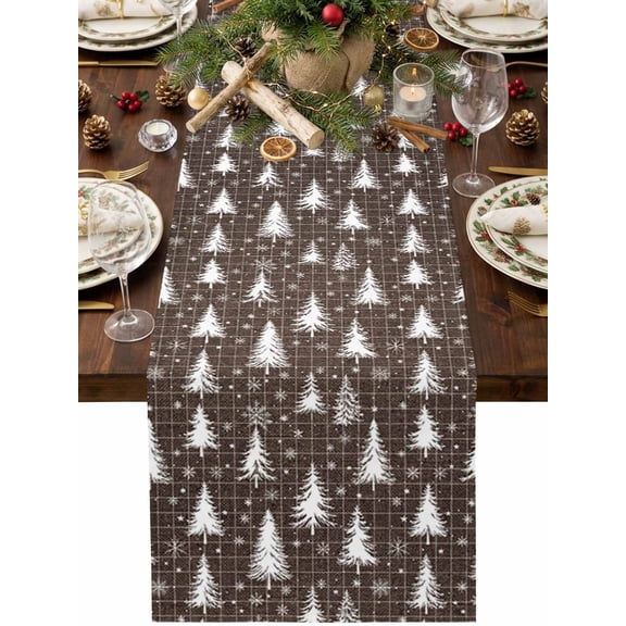 Christmas Winter Table Runner 48 Inches Long, Rustic Minimalist White Pine Tree Brown Gingham Cotton Linen Dining Table Runner Dresser Scarves for Home Kitchen Party Decor 13"x48"