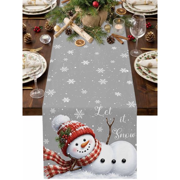 Christmas Winter Table Runner 48 Inches Long, Rustic Red Knit Scarf Snowman Snowflake Gray Cotton Linen Dining Table Runner Dresser Scarves for Home Kitchen Party Decor 13"x48"