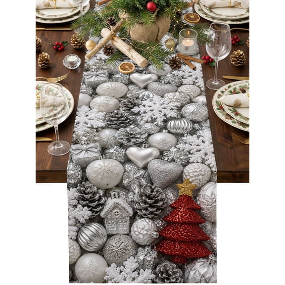 Christmas Winter Table Runner 90 Inches Long, Vintage Red Tree Silver Bauble Heart Ornament Cotton Linen Dining Table Runner Dresser Scarves for Home Kitchen Party Decor 13"x90"