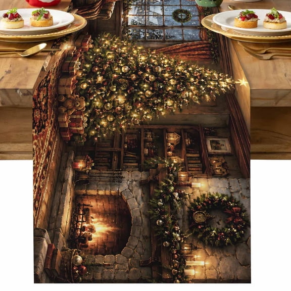 Christmas Winter Table Runner, Rustic Illuminated Christmas Tree Fireplace Cotton Linen Table Cloth, Tablerunner for Kitchen Dining Party Wedding Home Decor 13x36 Inch