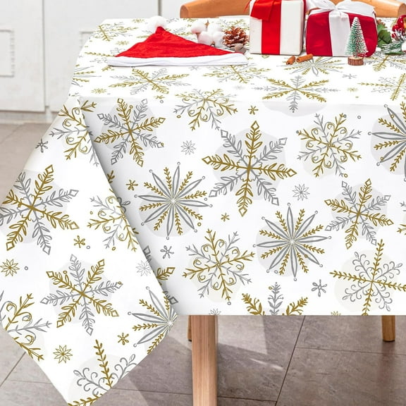 Christmas Winter Tablecloth Gold Silver Snowflake Table Cloth Washable Snowflake Table Cover for Xmas Winter Holiday Party Picnic Dining Table Decoration, 60 x 102 Inch
