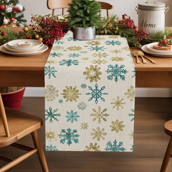 Christmas Winter Teal Golden Snowflakes Seamless Table Runner 13x70in Non-Slip Cotton Linen Table Runners, Vintage Linen Dresser Scarves TableRunner for Dinner Kitchen Dining Wedding Party