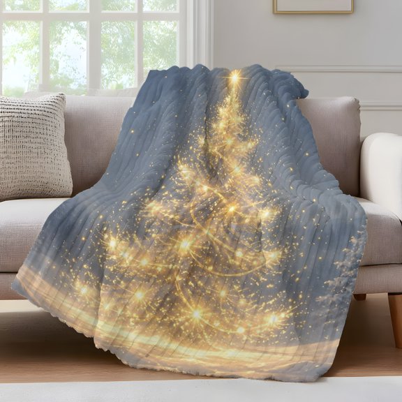 Christmas Winter Throw Blanket for Couch Rustic Gold Sparkling Christmas Tree Star Topper Soft and Warm Flannel 3D Striped Fuzzy Fleece Blanket Lightweight Throw for Bed, Sofa 30 x 40 Inches