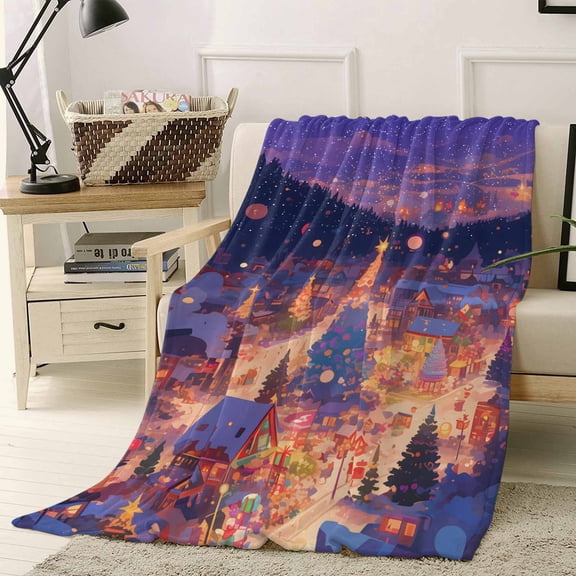 Christmas Winter Throw Flannel Blanket 30x40In Xmas Tree Street Night Winter Snowflakes Super Soft Cozy Bed Blanket, Lightweight Plush Fuzzy Bed Throw for Bedroom Sofa Couch Living Room