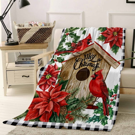 Christmas Winter Throw Flannel Blanket 40x50In Cardinal Flowers Bird Poinsettia Log Cabin Super Soft Cozy Bed Blanket, Lightweight Plush Fuzzy Bed Throw for Bedroom Sofa Couch Living Room