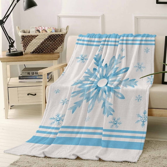 Christmas Winter Throw Flannel Blanket 50x80In Snowflake Blue Stripe Super Soft Cozy Bed Blanket, Lightweight Plush Fuzzy Bed Throw for Bedroom Sofa Couch Living Room