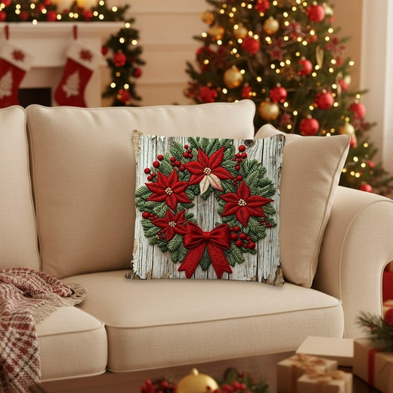 Christmas Winter Throw Pillow Cover 45X45cm Red Christmas Pillow Cover Holiday Snowman Decoration Sofa Decoration Linen Pillow Imitation Embroidery Cushion Cover