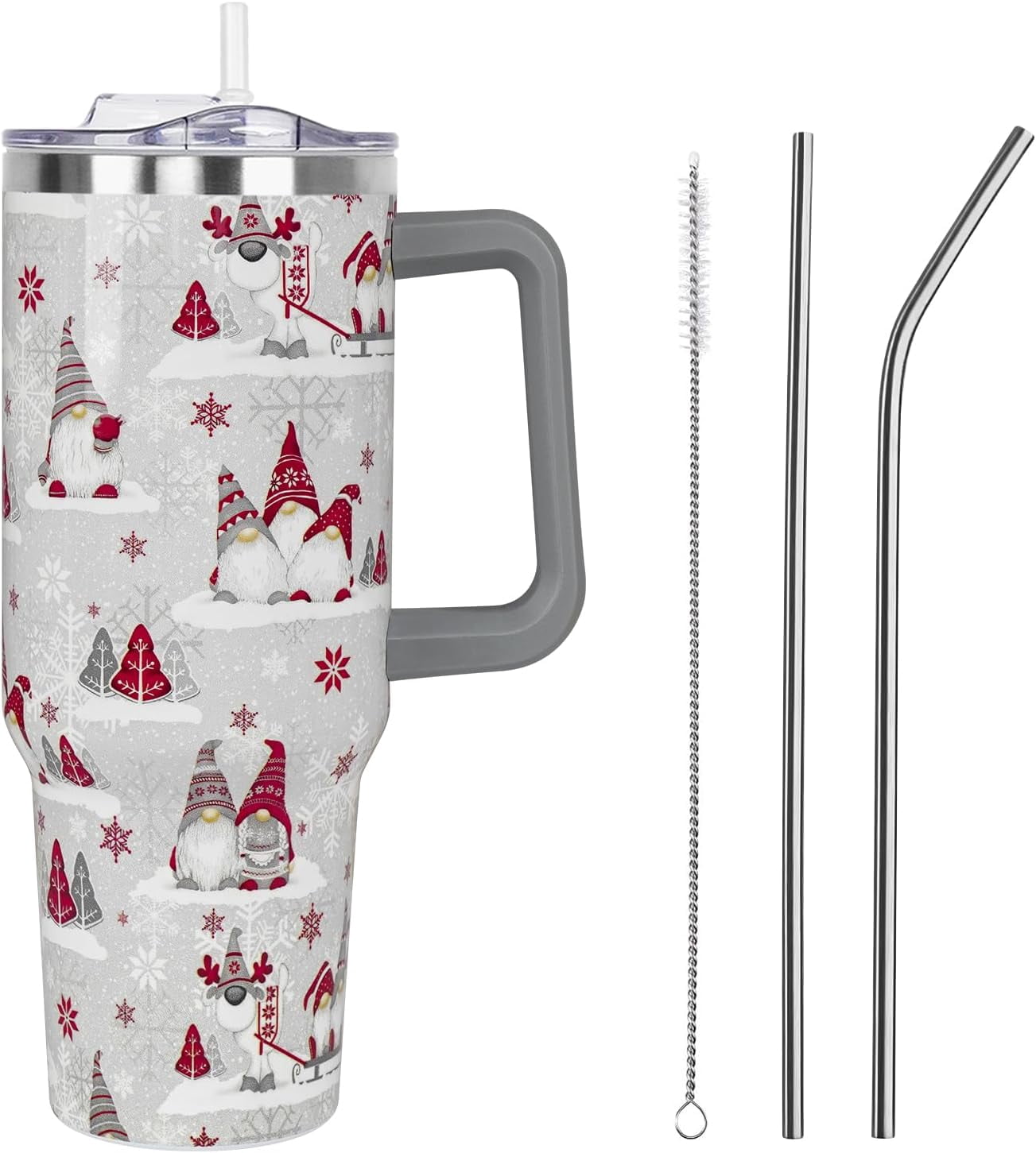 Christmas Winter Tumbler with Handle and Straw Lid 40 oz,Cute Merry Xmas Gnome Snowflake Gifts for Women Vacuum Insulated Leak Proof Tumbler,Holiday Accessories Stainless Steel Coffee Cup Mug (Red)